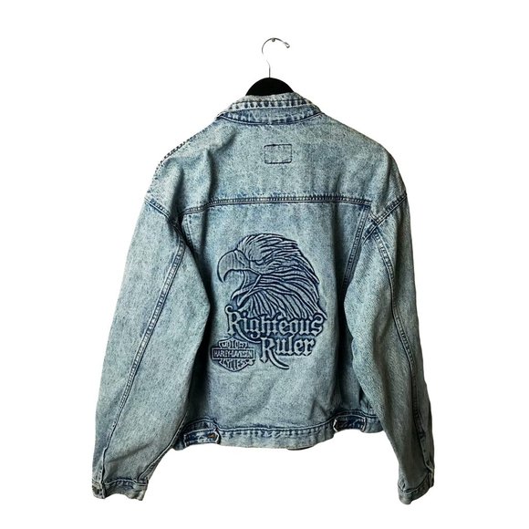90s Vintage Harley Davidson Motorcycles Adult Extra Large Blue Denim Jacket XL - Picture 3 of 16